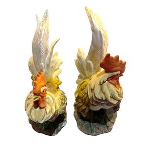 Vintage Rooster & Hen Figurine Set Tall Feather Tails Farmhouse Country Decor